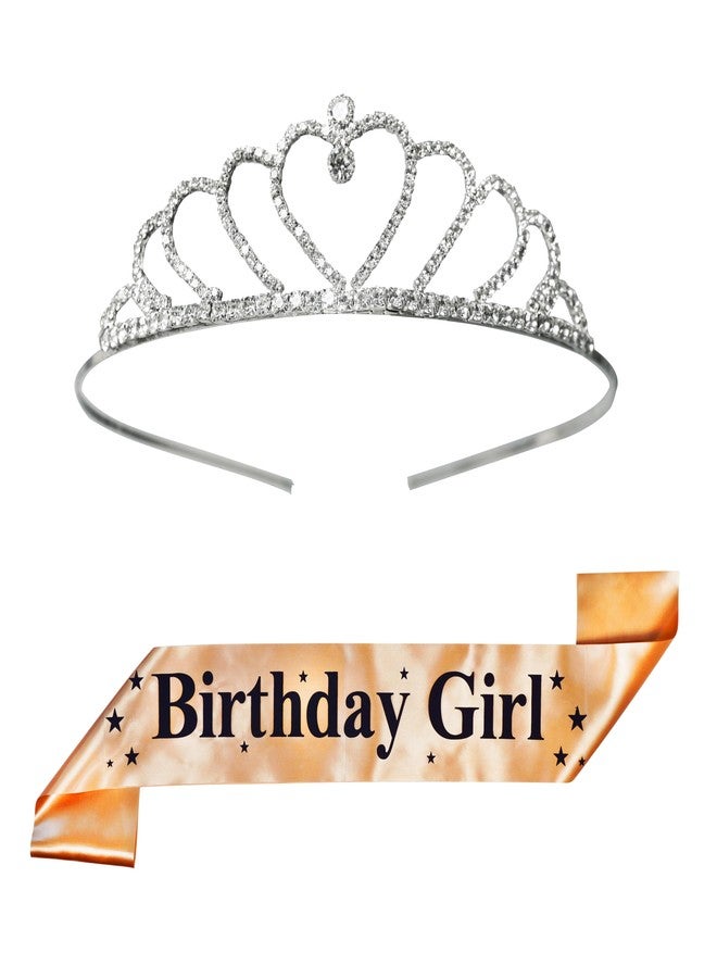 DECOFY Birthday Sash & Crown Set | Princess Queen Tiara Crowns Taj HairBand For Kids Girls & Womens (3 Pc Set- With Pin-Gold)